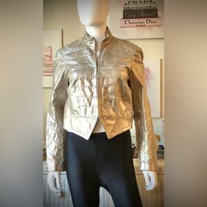 Chris Benz Waist Length leather jacket silk lining  metallic gold color size 8